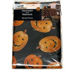Halloween Jack O'Lantern Vinyl Tablecloth 70" Round Black Orange Pumpkins